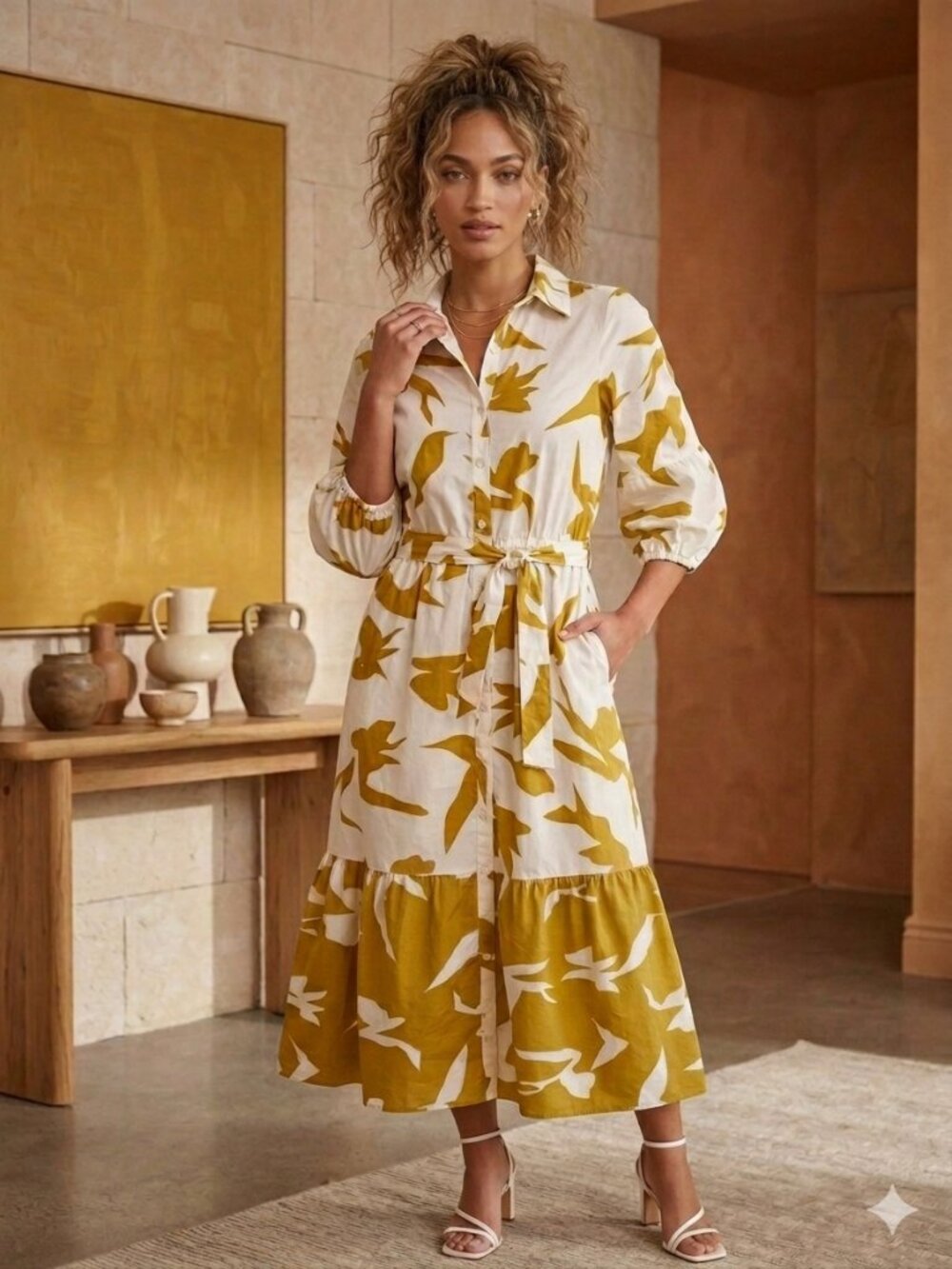 Boho NAOO 100% Cotton Tie-Waist Midi Tiered Shirtdress in White & Mustard L